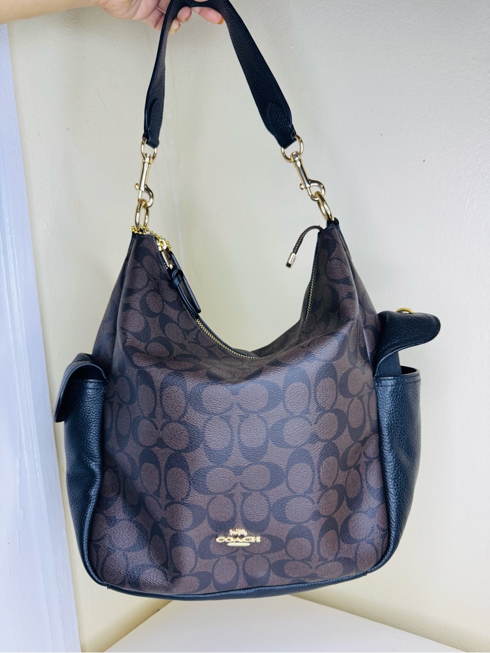 Coach Pennie hobo Brown Signature Bag with Black Trim